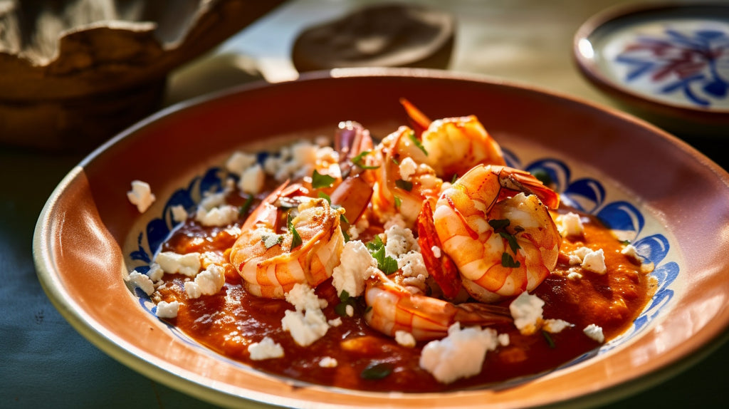 Sizzling Shrimp Saganki with Feta Cheese, cooked in a flavorful tomato sauce and drizzled with Croatian olive oil, served in a cast iron skillet.