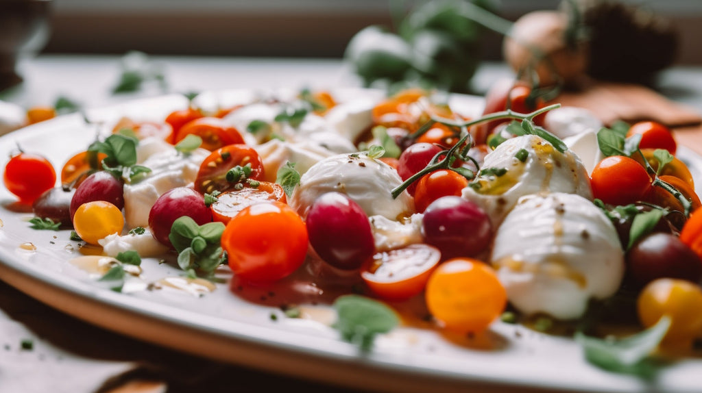 A vibrant Burrata Grape Tomato Salad, adorned with fresh basil and a generous drizzle of Croatian olive oil, offering a refreshing and light appetizer.