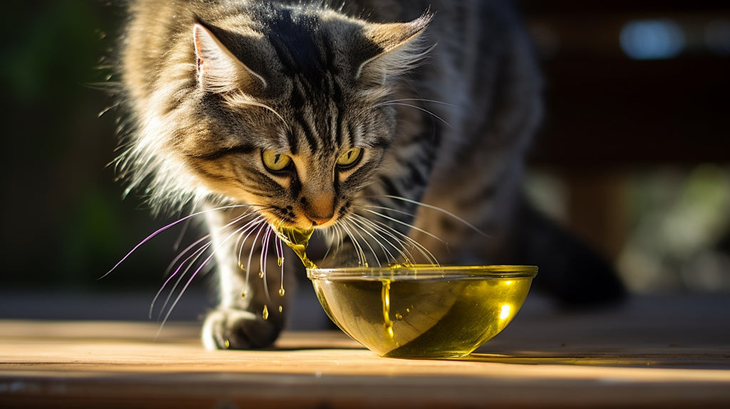 Cat sipping Croatian olive oil from a shallow bowl.