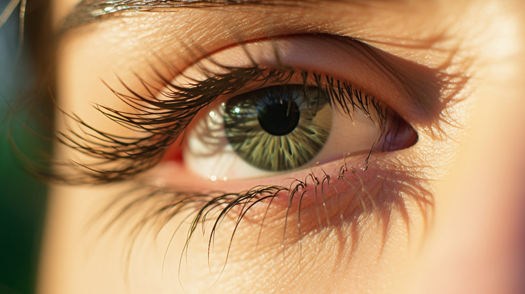 Close-up of woman's eyelashes enhanced by olive oil, showcasing their length, volume, and natural beauty.