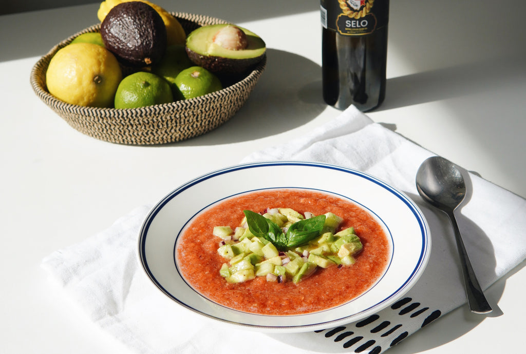 Chilled Gazpacho Soup with Avocado and Cucumber Salsa