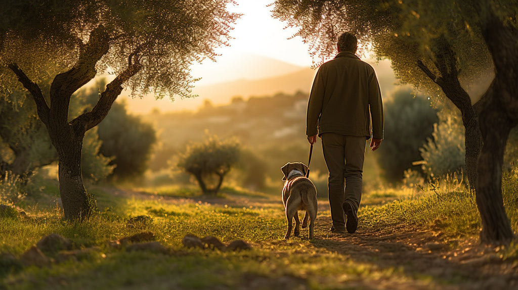Man and dog strolling amidst Croatian olive trees, reflecting the serene ambiance of an olive grove.