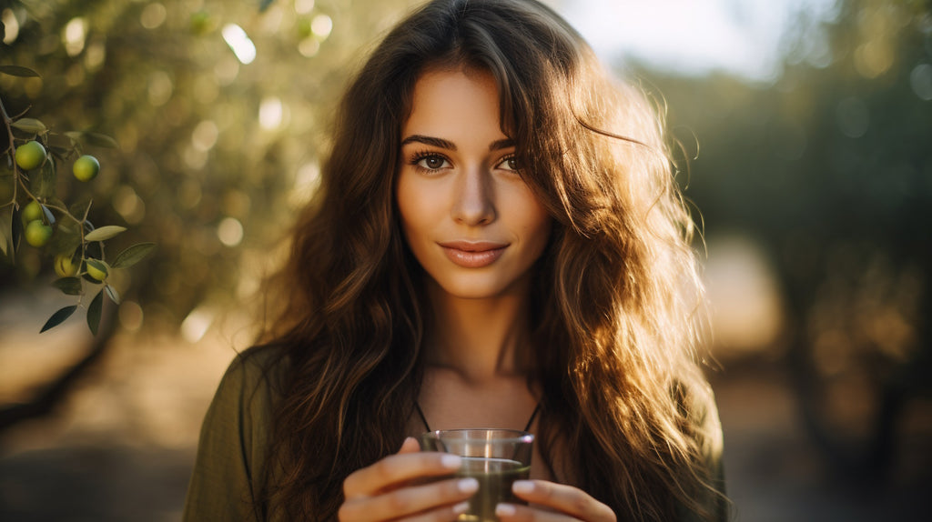 Beautiful woman with long brown hair savoring the taste of olive oil in an enchanting olive orchard.