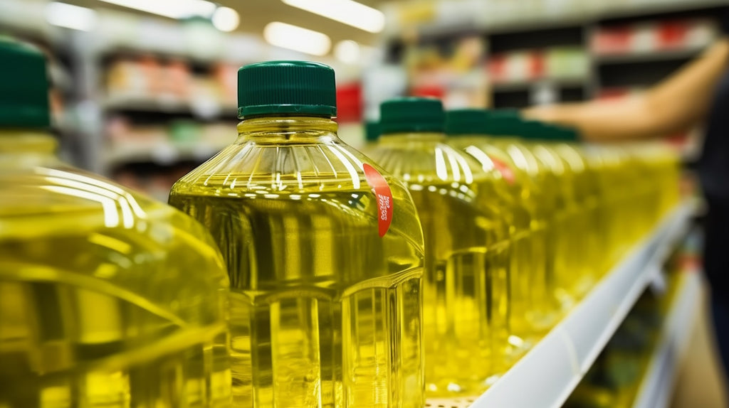 Unlabeled bottles of vegetable oil, uniform in size and shape, displayed on a grocery store shelf.