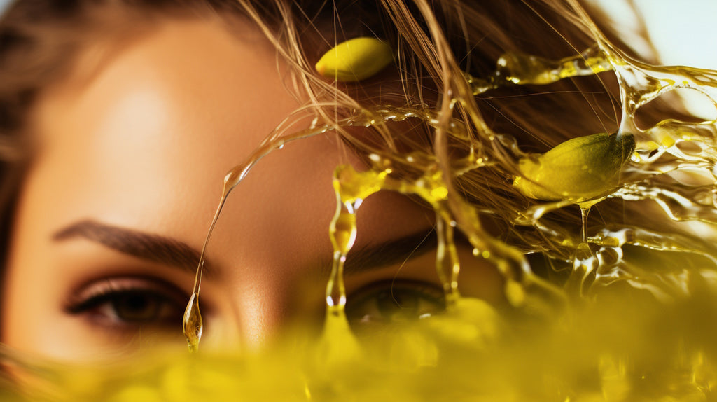 Image of a woman massaging Selo Croatian Olive Oil into her long, shiny hair as part of her natural haircare routine.